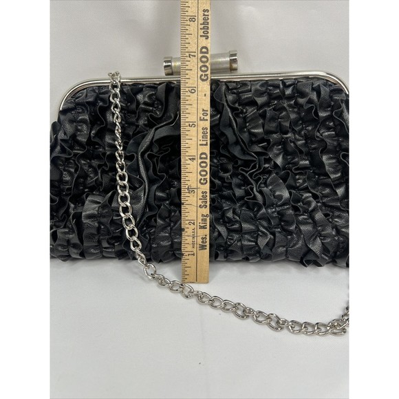 Ruffle Black￼ Purse Shoulder Bag Strap Silver Chain Ruffle Accent - Picture 3 of 8